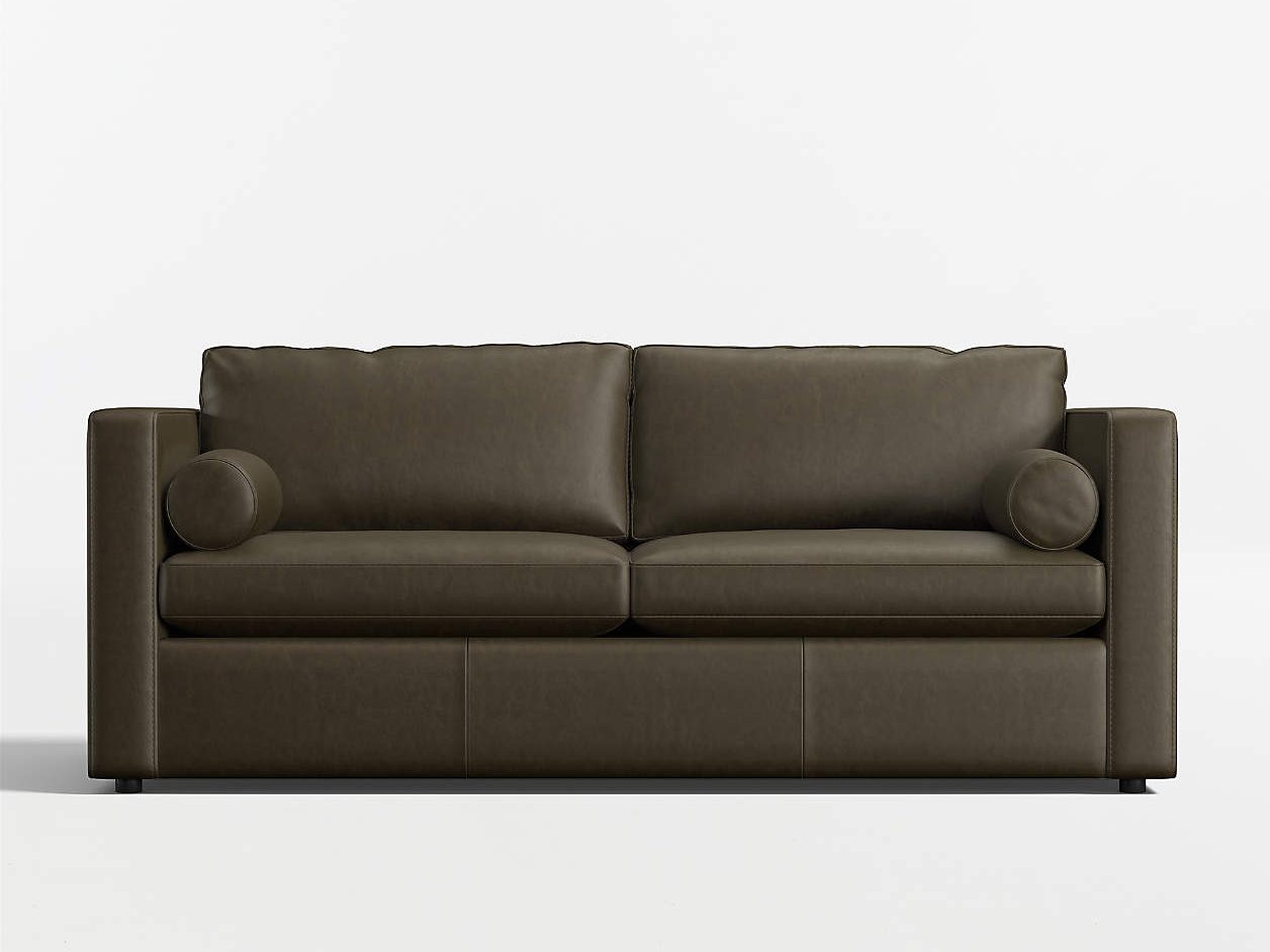 Crate & Barrel Aris 82" Leather Queen Sleeper Sofa with square arms and roll cushions