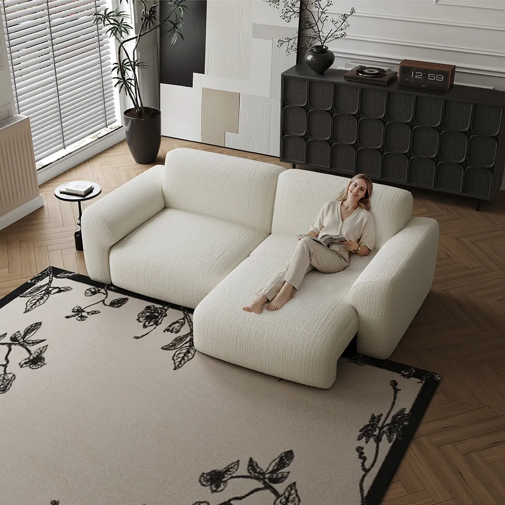 A sofa bed has one-touch design shifts between lounge, recline, and sleep modes with soft chenille texture.