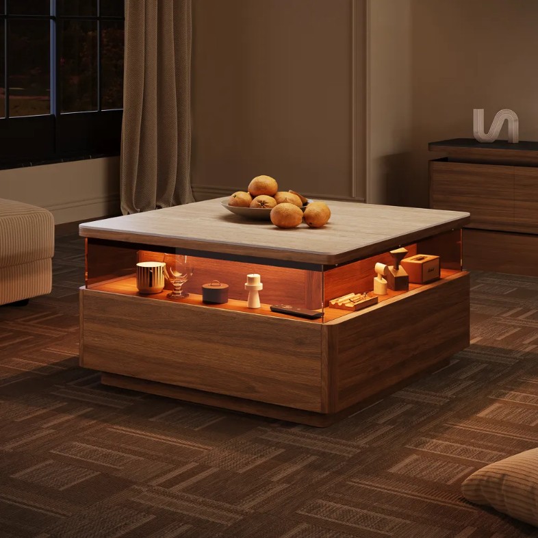 Aether-31" Square LED Coffee Table with Storage for some decorations and fruits on top near a sofa in a modern mid-century living room