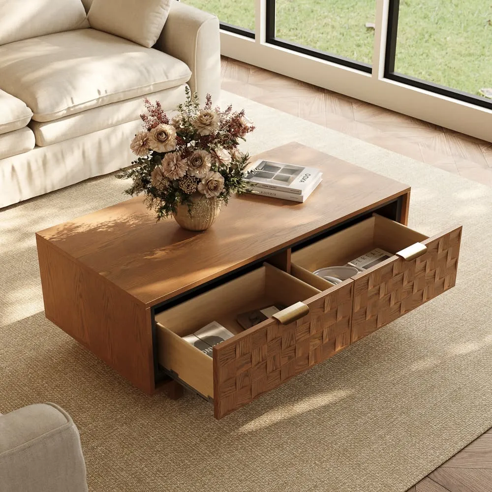Walnut rectangular coffee table with hidden storage, placed in a compact living room to keep everyday items close but out of sight.