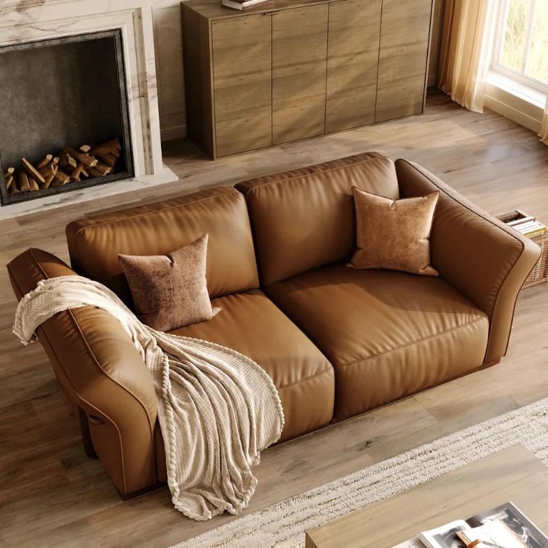 Povison Cronus-Brown Genuine Leather Modular Sofa with Solid Wood Frame with cushions near a rectangular wood coffee table , a wood cabinet and a fireplace in a minimalist living room