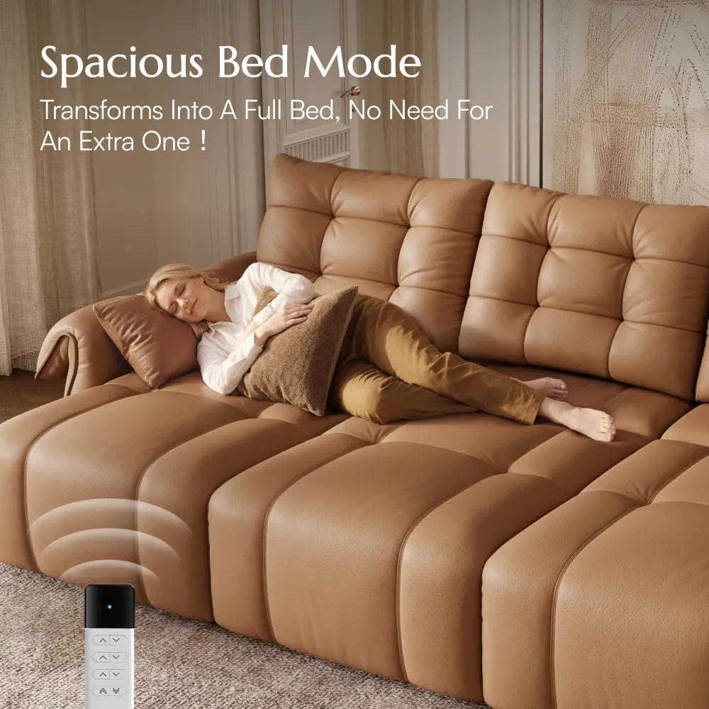 A sofa bed with top-grain leather, wide seat, memory foam feel, and one-touch lounge-to-sleep function.