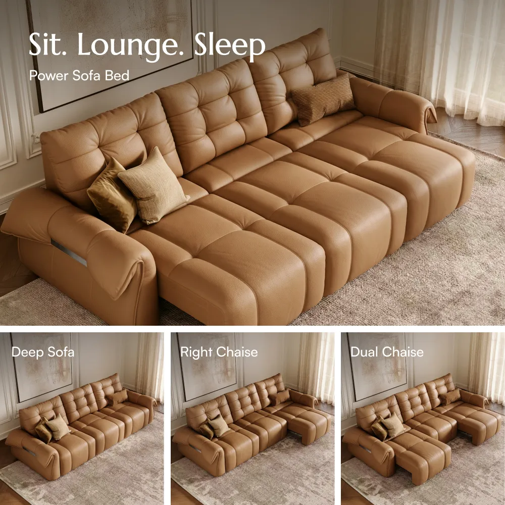 Brown leather power sofa bed in a compact living room, designed for daily seating and overnight guest flexibility.