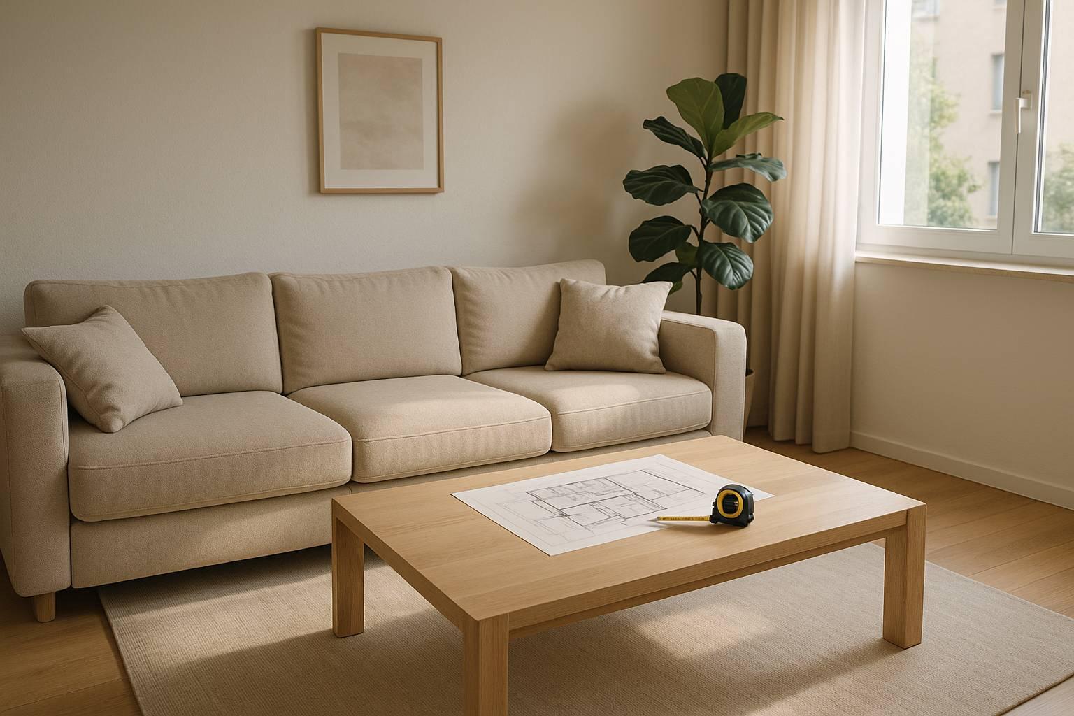 Measuring tape and room layout sketch on a coffee table in a bright living room before buying furniture.