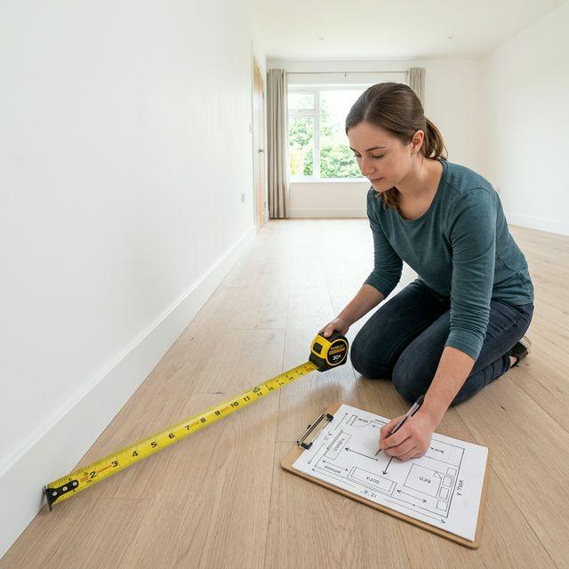 Person measuring a living room wall with a tape measure and recording dimensions on a room sketch.