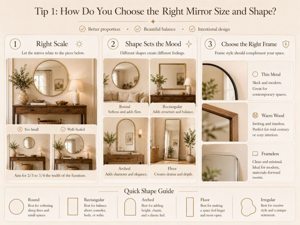 Mirror size and shape guide showing scale above furniture, mood-setting mirror shapes, and frame styles for balanced neutral interiors.