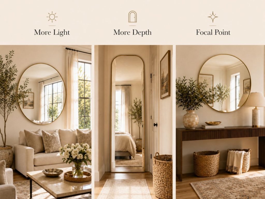 Three warm neutral interiors show mirrors adding light, depth, and a focal point through a living room, hallway, and console vignette.