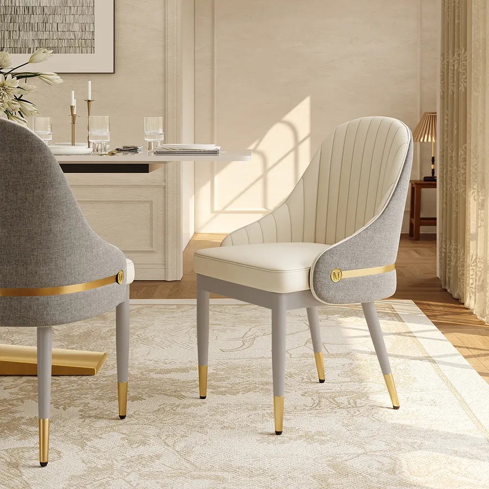 Beige and gray upholstered dining chairs with mixed cotton-linen and leather surfaces, designed for modern dining rooms.