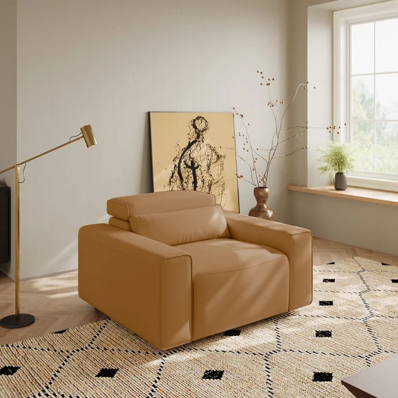 Povison Benjamin-Power Recliner in khaki leather near a plant, a painting and a floor lamp in a bright and modern mid-century living room