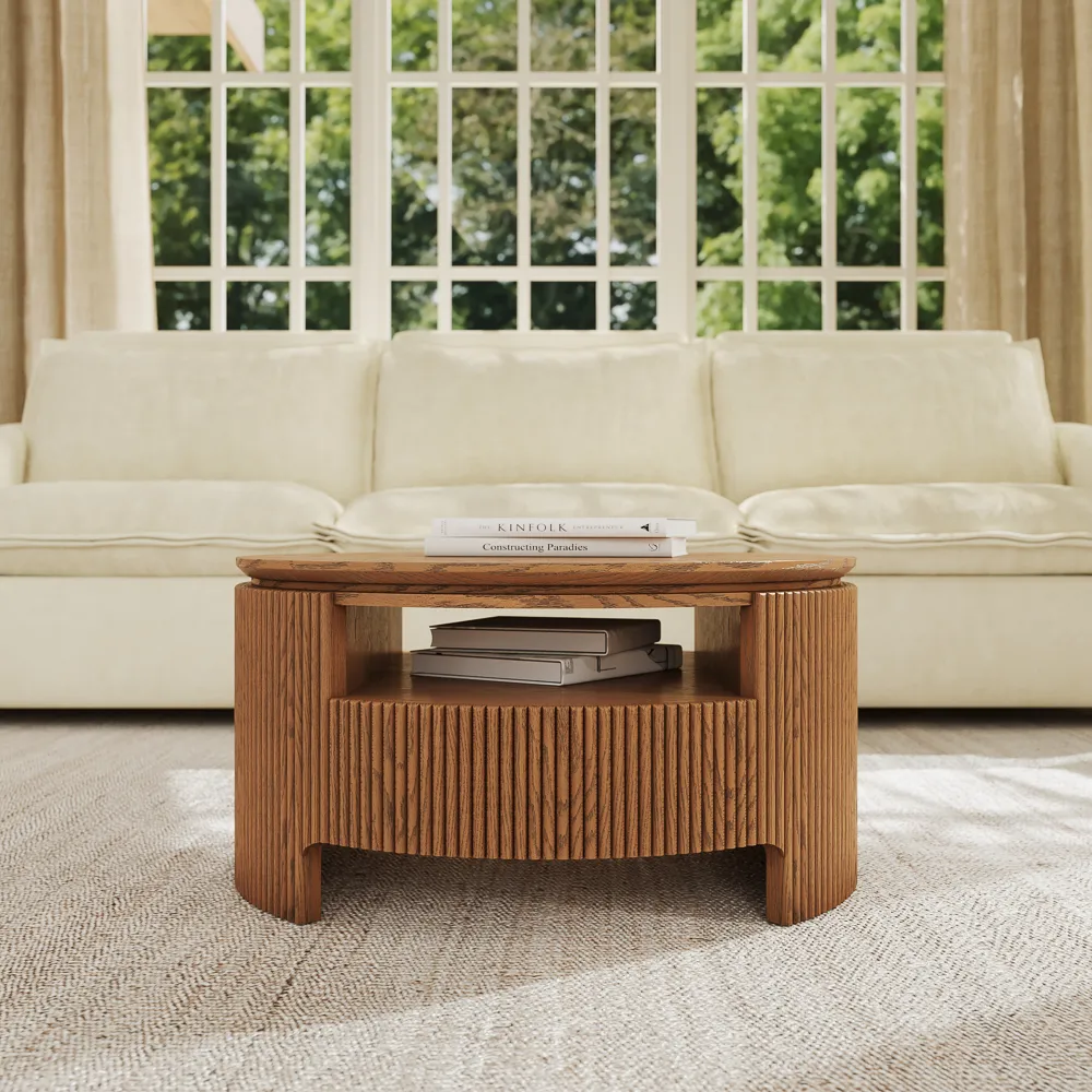 A Round Fluted Coffee Table with Open Shelf balances brighter pieces with walnut warmth.