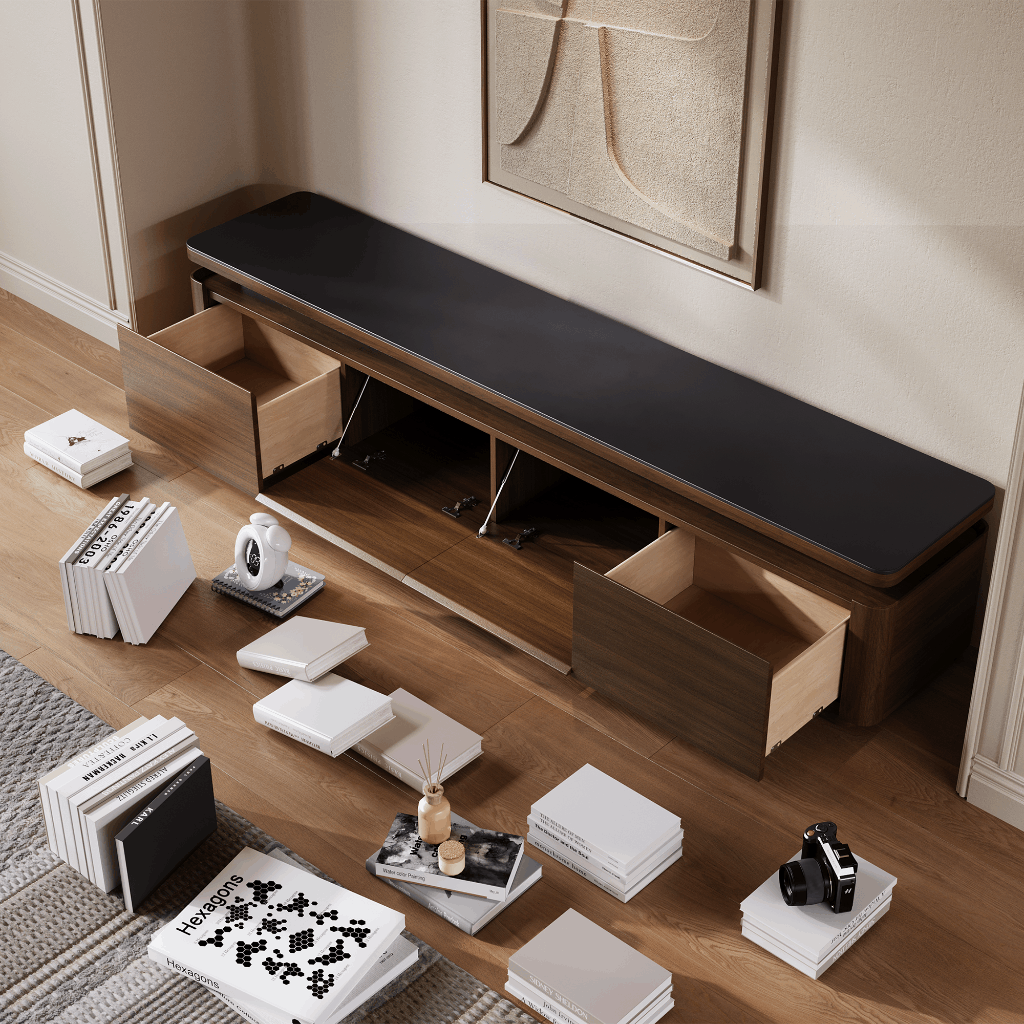 Aether TV stand with a smooth sintered stone top, designed for easy wiping around high-shedding sofa areas.