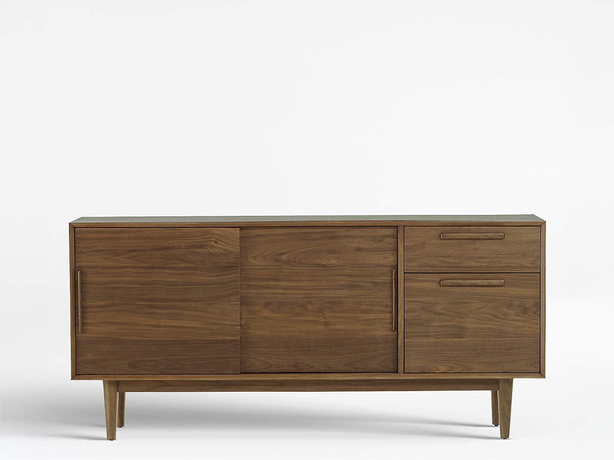 Crate & Barrel Tate 64.5" Walnut Storage Media Console with slide doors and drawers in mid-century style