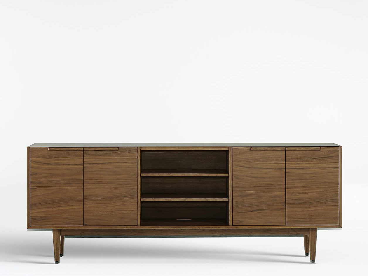 a large Crate & Barrel Tate 80” Walnut Storage Media Console  with slide doors