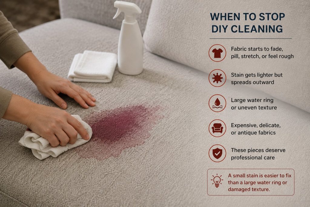 A sofa stain-cleaning warning graphic showing when to stop DIY treatment, including fabric fading, spreading stains, water rings, and professional-care signs.