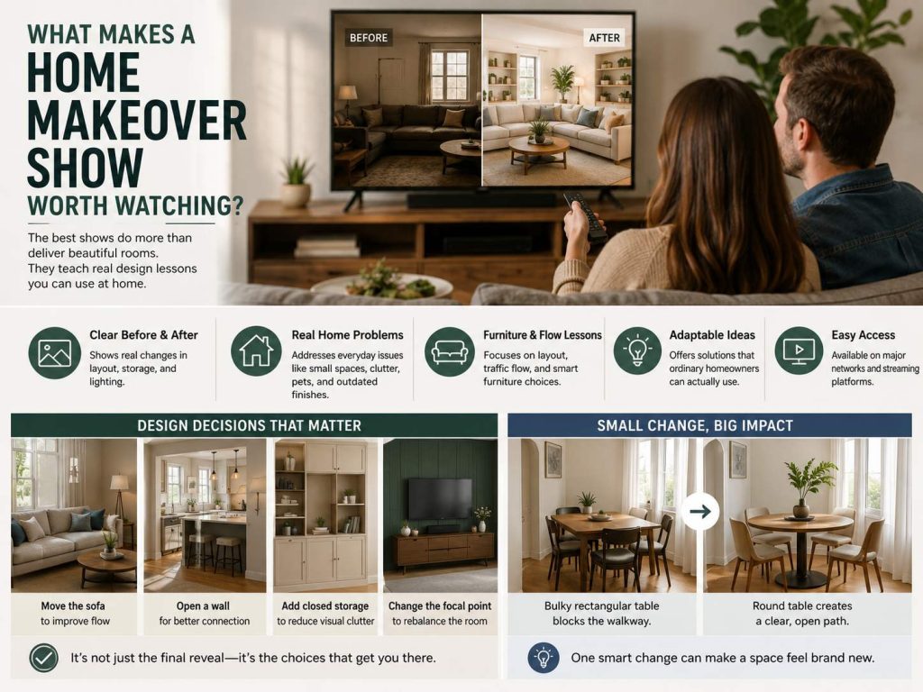 People watching a home makeover show with before-and-after room scenes, design criteria, layout lessons, and small changes that improve everyday living spaces.