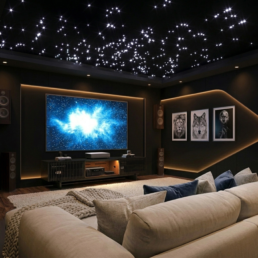 a living room set up for world cup match watching, with a modern TV stand