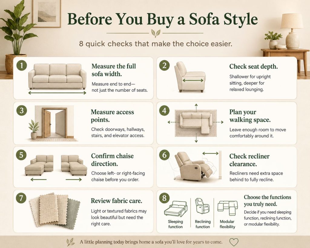 Before choosing a couch style, check the practical details that affect daily use: Measure the full sofa width, not just the number of seats.
Check seat depth if you care about upright sitting or deep lounging.
Measure doorway, hallway, stair, and elevator access.
Leave enough walking space around the sofa.
Confirm chaise direction before ordering.
Check whether recliners need rear clearance.
Look at fabric care before choosing a light or textured color.
Decide whether you need sleeping function, reclining function, or modular flexibility.