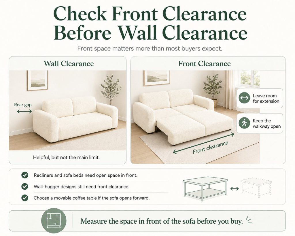 Check Front Clearance Before Wall Clearance when you measure your living room space before buying a sofa bed