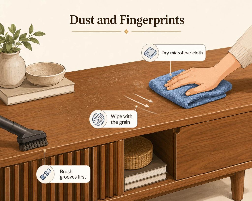 For regular dust and fingerprints, use a dry microfiber cloth first. If marks remain, lightly dampen the cloth with water and wipe with the grain. Dry right away. This works well for coffee tables, nightstands, dressers, and media consoles.