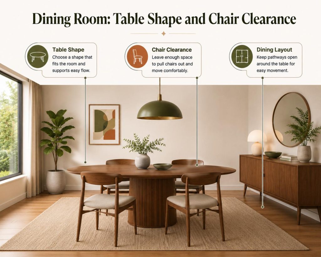 choose the correct table shape and chair clearance for your mid century modern dining room style