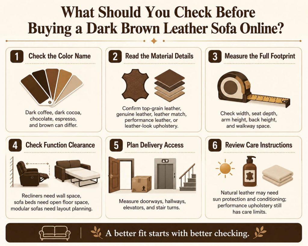 check these factors before buying a dark brown leather sofa online: check the color name, read the material details, measure the full footprint, check function clearance, plan delivery access, and review care instructions
