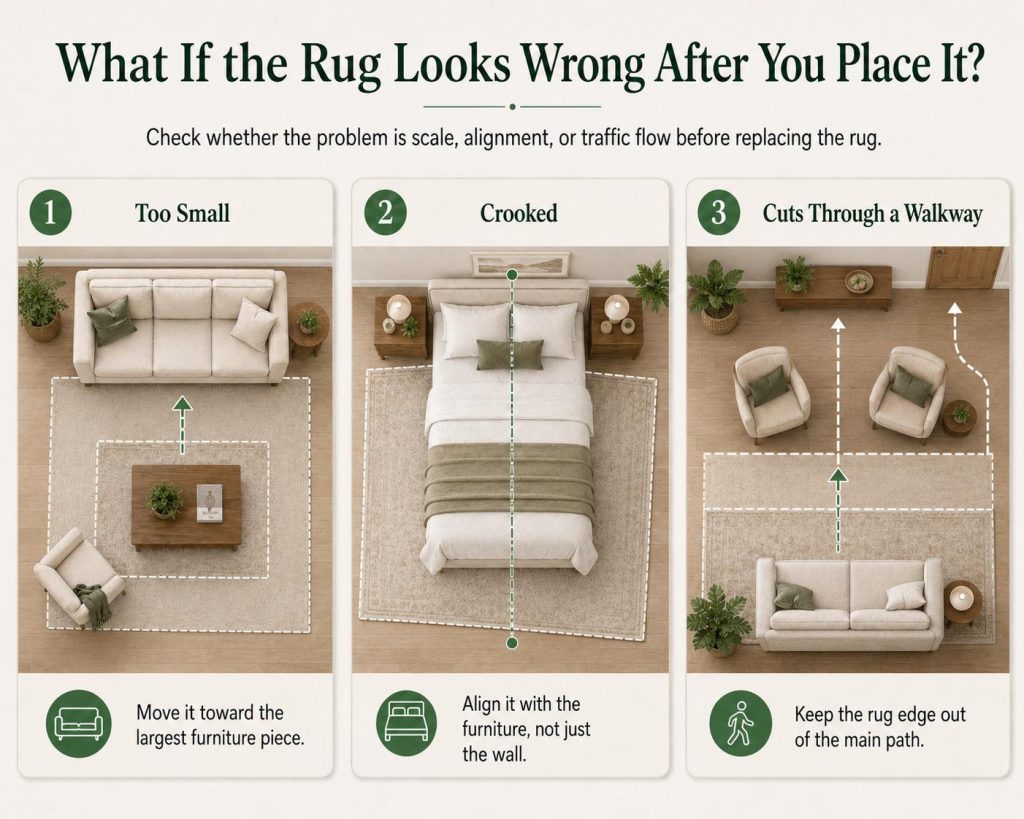 the common mistakes when placing a rug in your room: it is too small, crooked or cuts through a walkway. check whether the problem is scale, alignment, or traffic flow before replacing the rug