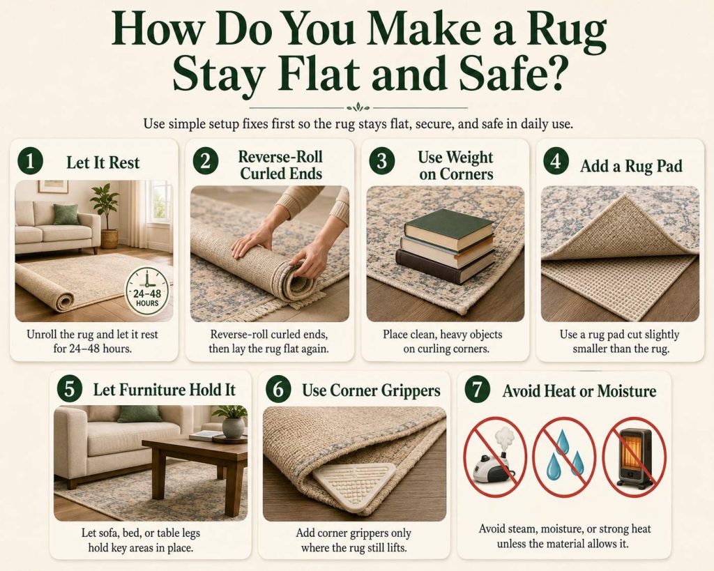 the way to make a rug stay flat and safe: let it rest, reverse-roll curled ends, use weight on corners, add a rug pad, let furniture hold it, use corner grippers, and avoid heat or moisture