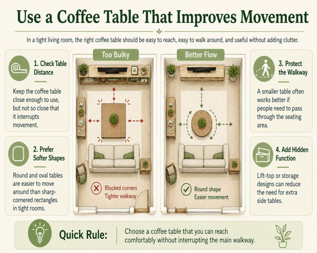 if you want your furniture makes a small layout work harder, use a coffee table that improves movement, it should be easy to reach, easy to walk around, and useful without adding clutter