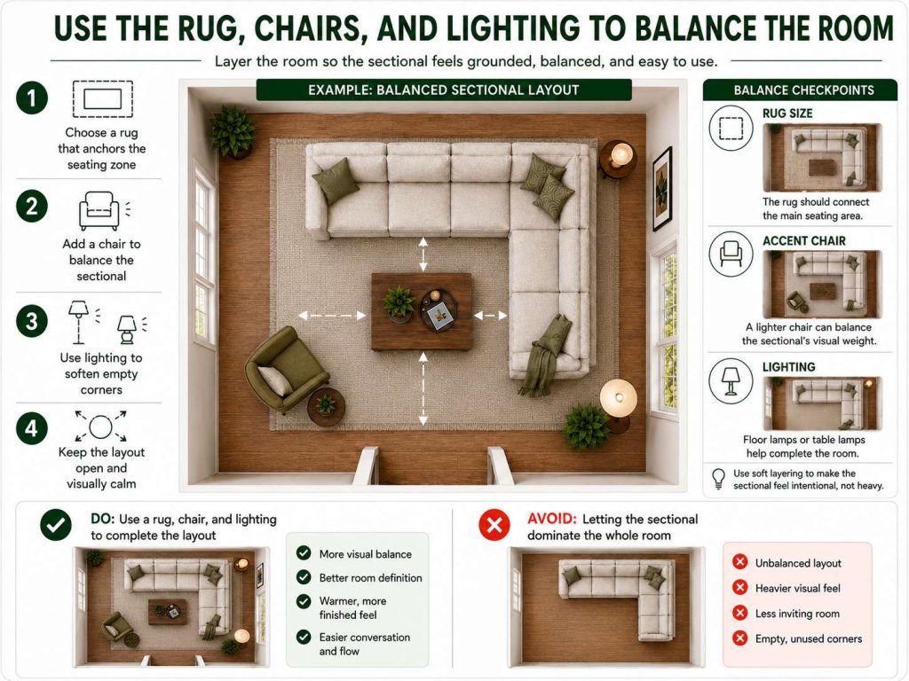 steps to Arrange a Living Room with Sectional Couch: Use the Rug, Chairs, and Lighting to Balance the Room