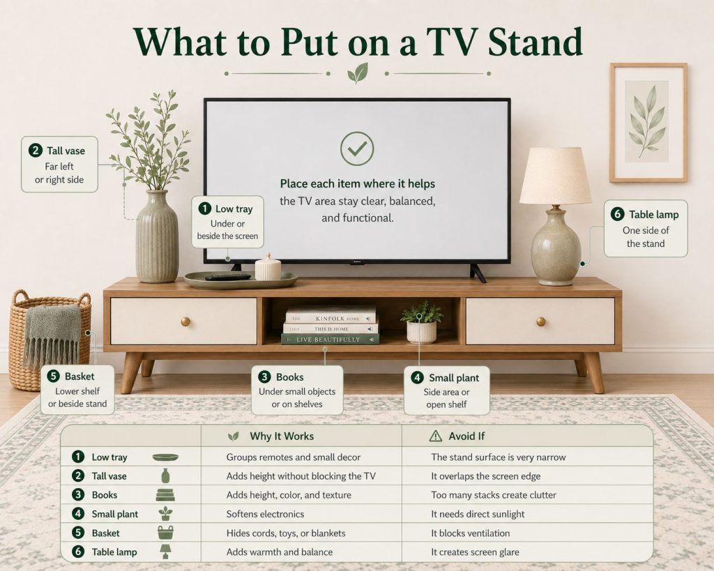 put these decorations on a tv stand: low tray, tall vase, books, small plants, basket, and table lamp