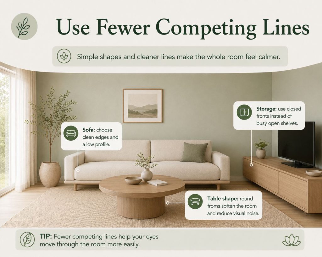 the way for your japandi living room to reduce visual noise: use fewer competing lines, simple shapes and cleaner lines make the whole room feel calmer