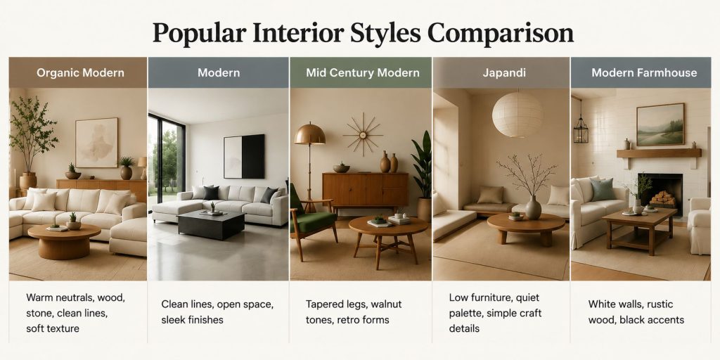 popular interior styles comparison: organic modern, modern, mid century modern, japandi and modern farmhouse