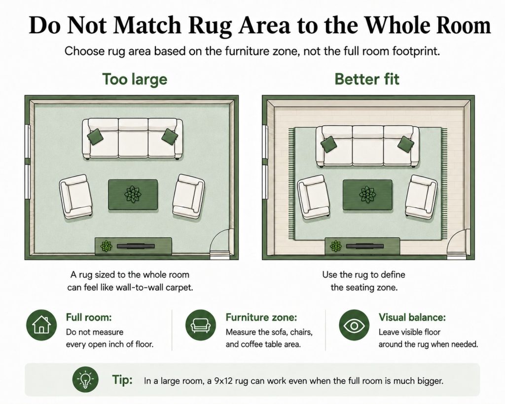 when picking a rug to fill your living room, do not match rug area to the whole room, it is a better fit to define the seating zone
