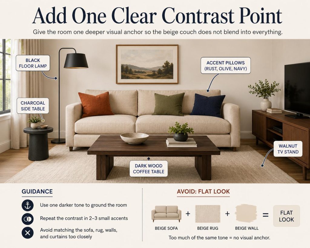 add one clear contrast point to style around a beige couch without making it look flat, give the room one deeper visual anchor so the beige couch does not blend into everything