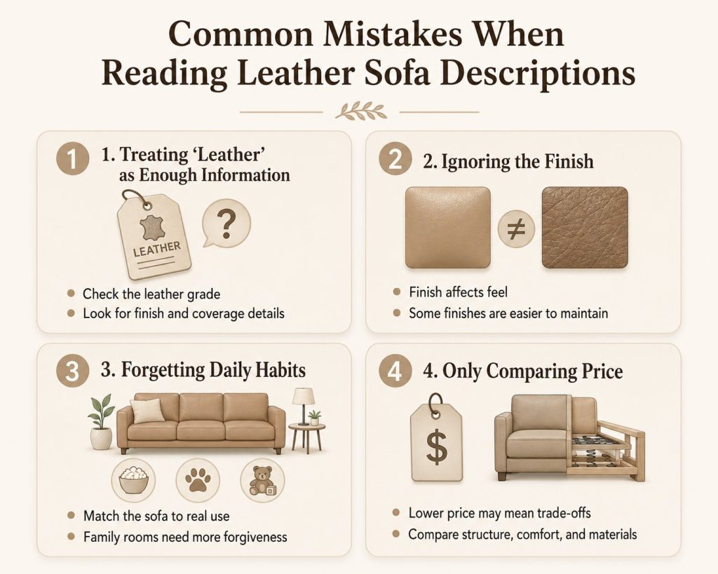 common mistakes when reading leather sofa descriptions: treating :leather" as enough information, ignoring the finish, forgetting daily habits, and only comparing price