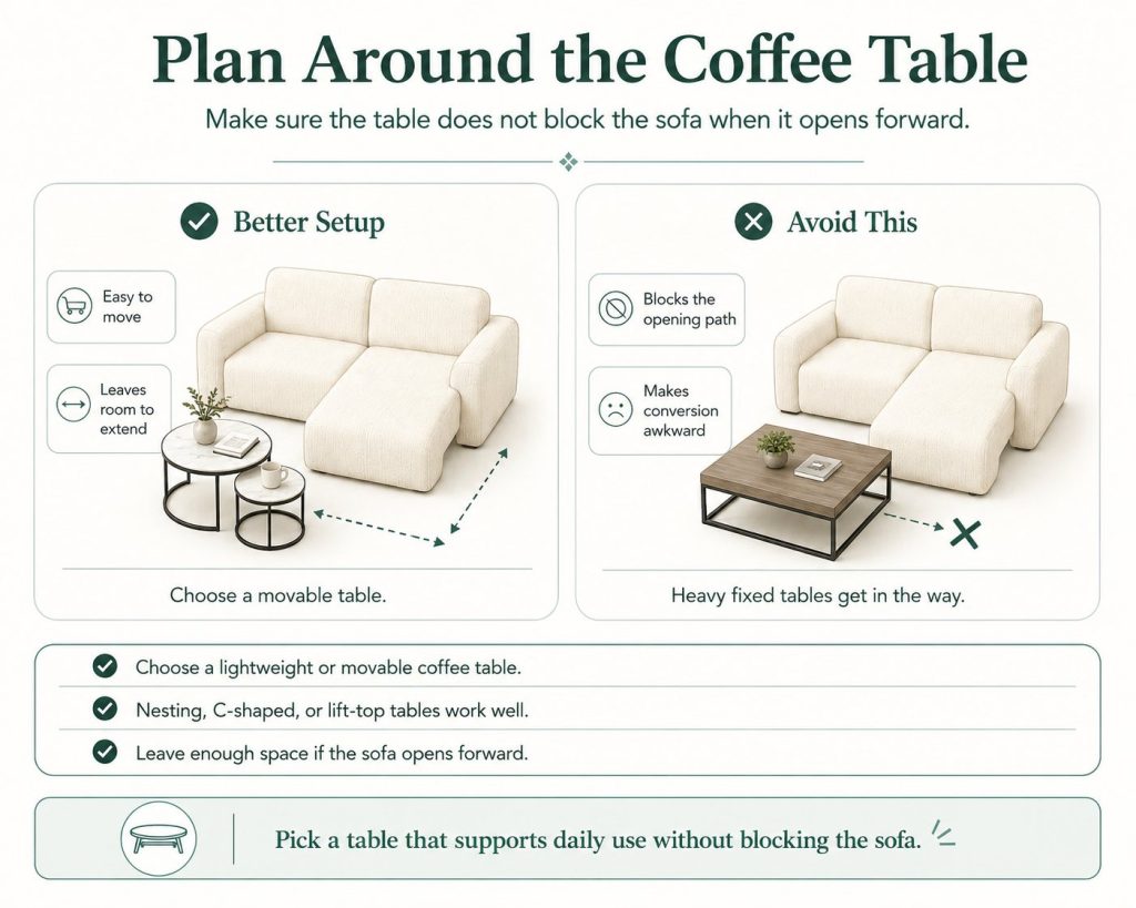 before you purchase a sofa bed or a reclining sofa, plan around the coffee table carefully, make sure the table does not block the sofa when it opens forward