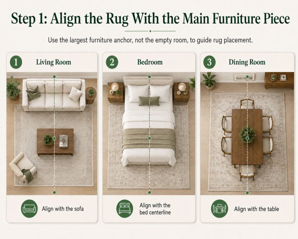 steps to lay rugs around furniture: the first step is to align the rug with the main furniture piece, use the largest furniture anchor, not the empty room, to guide rug placement
