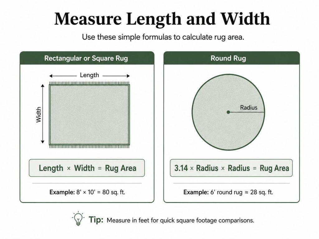 the way to Calculate Rug Area Before Buying: measure its length and width for rectangular or square and round rug