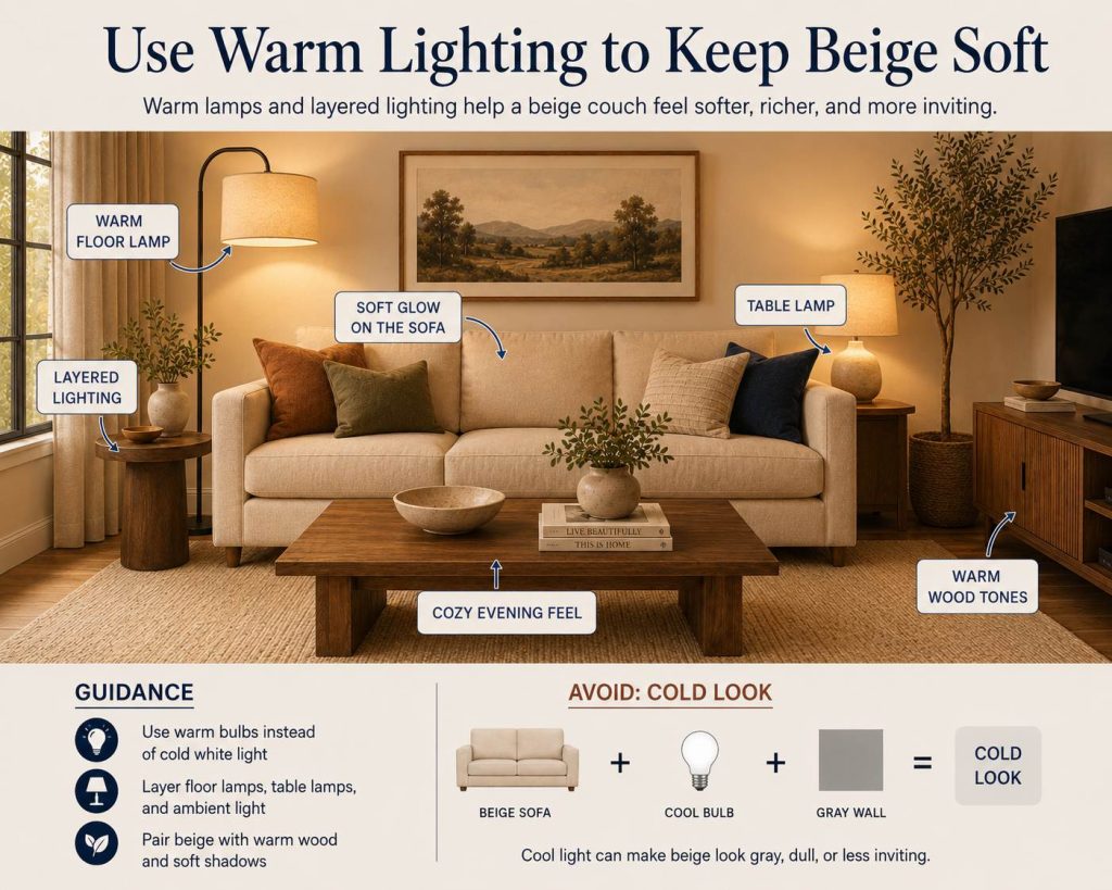 use warm lighting to keep beige soft to style around a beige couch without making it look flat,, warm lamps and layered lighting help a beige couch feel softer, richer, and more inviting