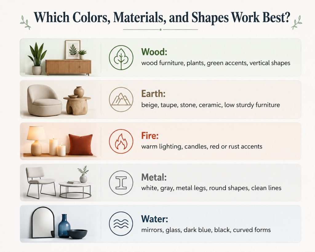 colors, materials, and shape that work best in a feng shui living room layout in compliance with elements as wood, earth, fire, metal and water in feng shui
