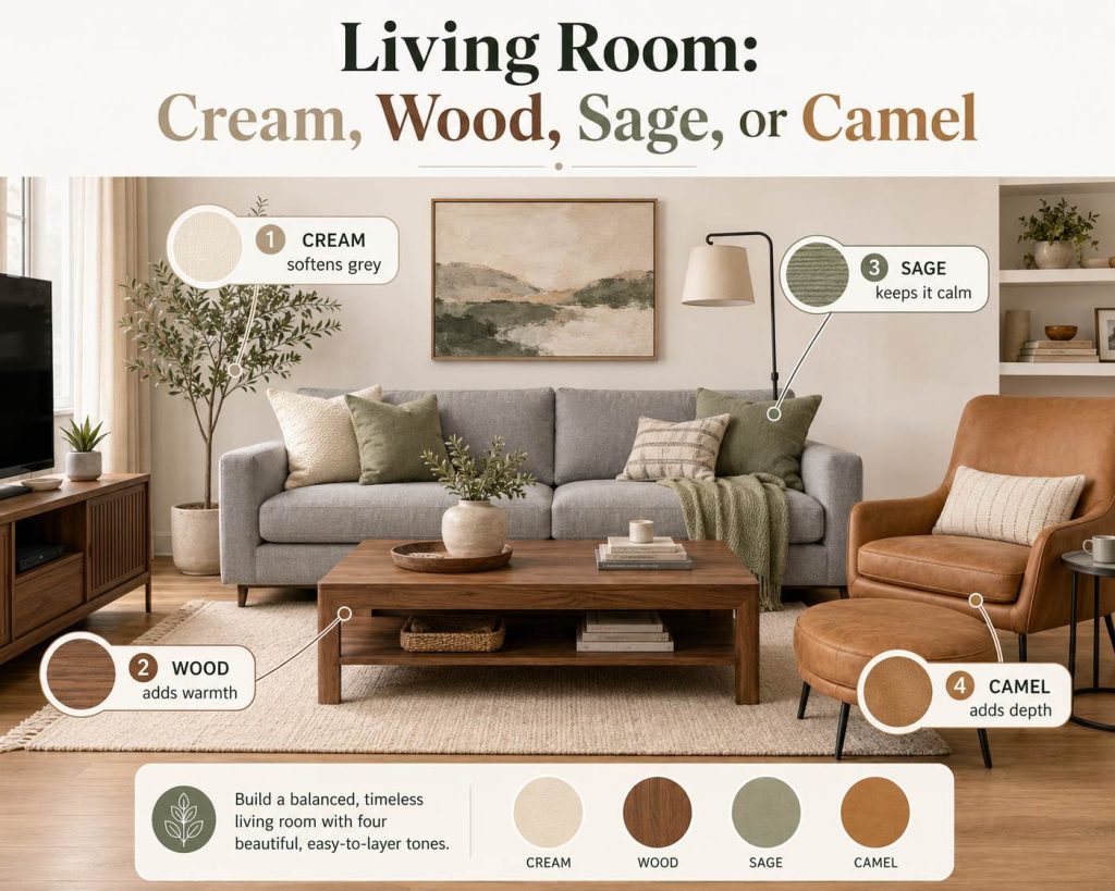 other colors that go with grey in living room: cream, wood, sage, or camel to build a balanced, timeless living room with four beautiful, easy-to-layer tones
