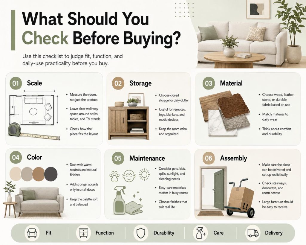 a few steps before buying farmhouse furniture: check the scale, storage, material, color, maintenance and assembly