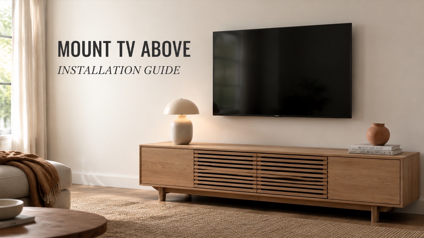 POVISON TV stand below a wall mounted TV