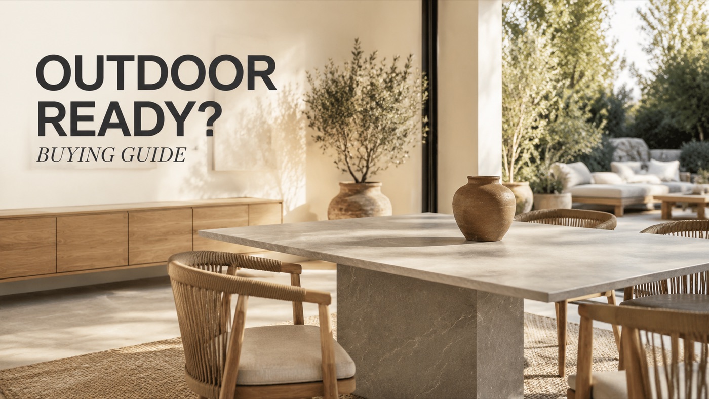 POVISON sintered stone furniture used in a covered outdoor dining area