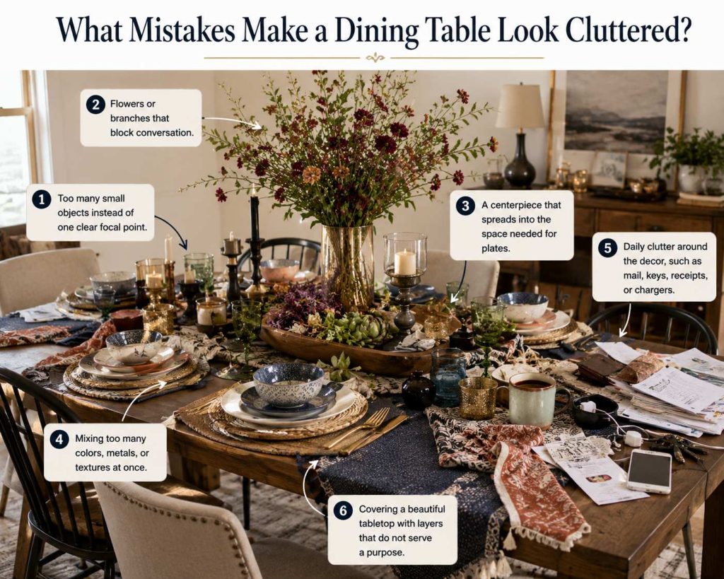 avoid these mistakes that make your dining table cluttered: Using too many small objects instead of one clear focal point.
Choosing flowers or branches that block conversation.
Letting the centerpiece spread into the space needed for plates.
Mixing too many colors, metals, or textures at once.
Leaving daily clutter around the decor, such as mail, keys, receipts, or chargers.
Covering a beautiful tabletop with layers that do not serve a purpose.