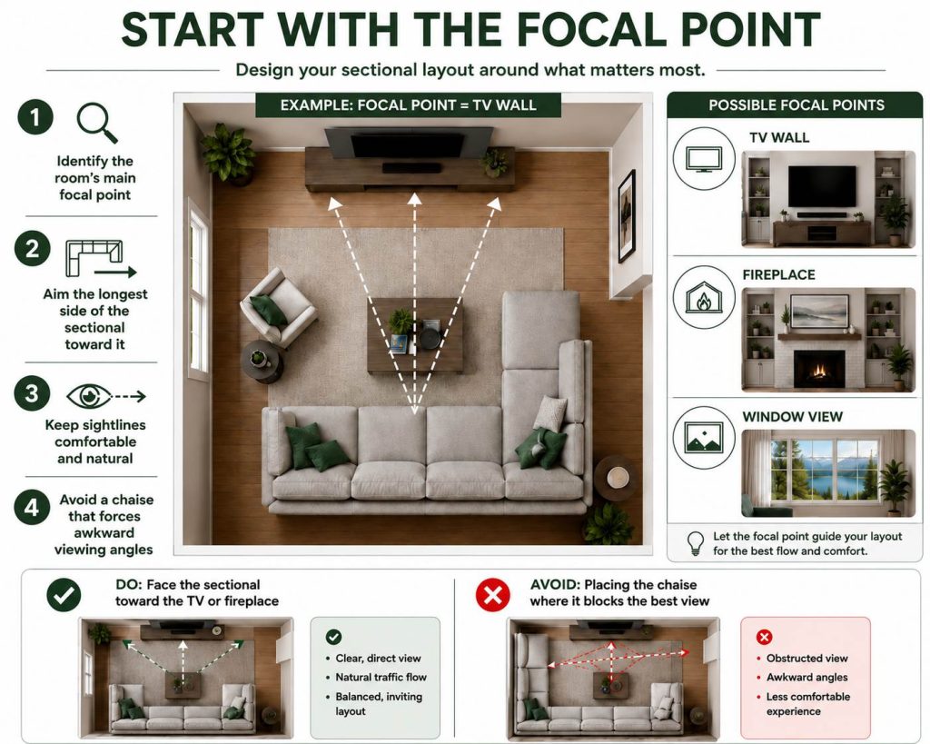 steps to Arrange a Living Room with Sectional Couch: the first step is to start with the focal point