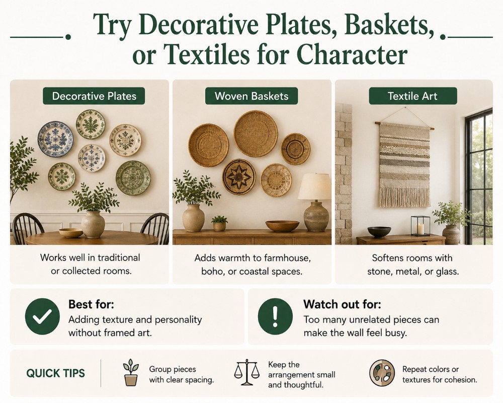Best Dining Room Wall Decor Ideas to Try: try decorative plates, brackets or textliles for character