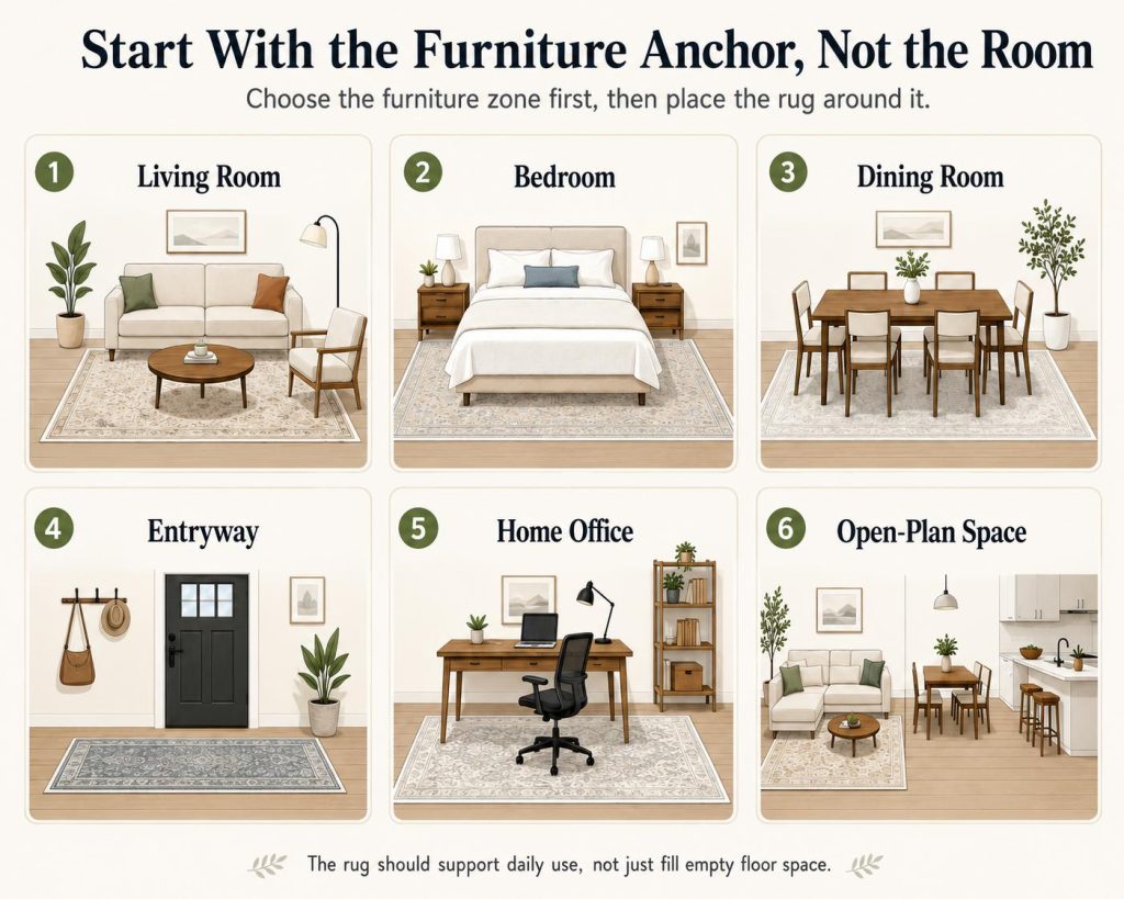 different room types to start with the furniture anchor, but not the room: living room ,bedroom, dining room, entryway, home office and open-plan space