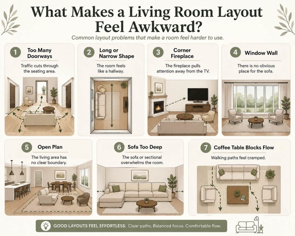 mistakes that make a living room layout feel awkward: too many doorways, long or narrow shape, corner fireplace, window wall, open plan, sofa too deep and coffee table blocks flow