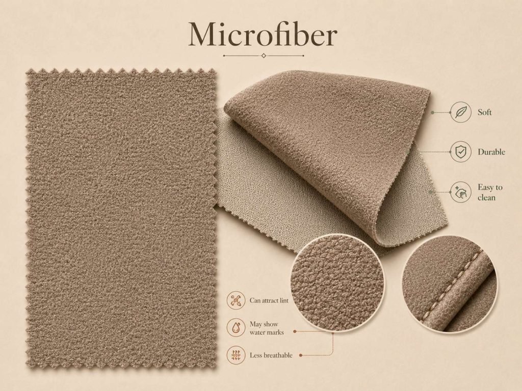 the pros of microfiber are soft, durable and easy to clean. while its cons are attractive to lint, may show water marks and less breathable